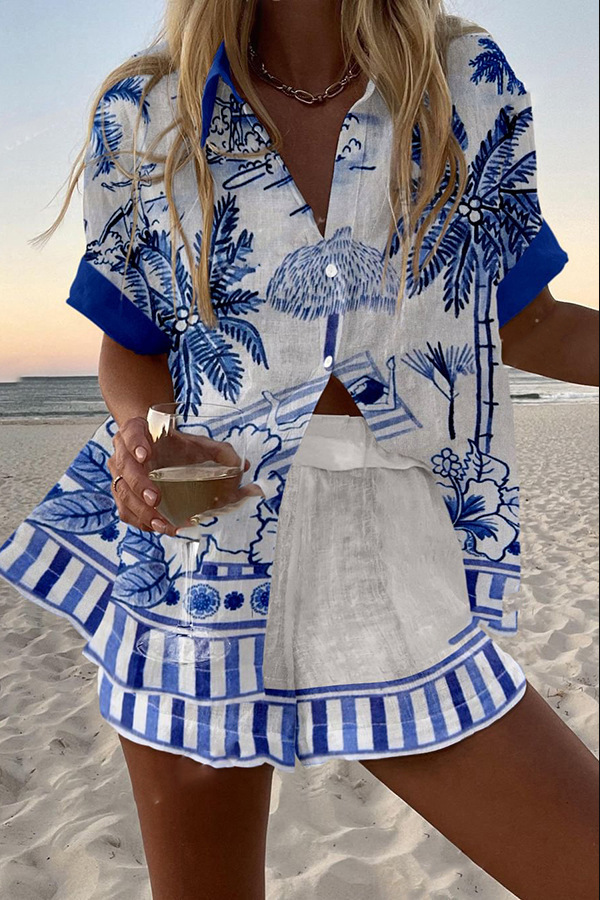 Women's Animal Print Short Sleeve Collared Top Set