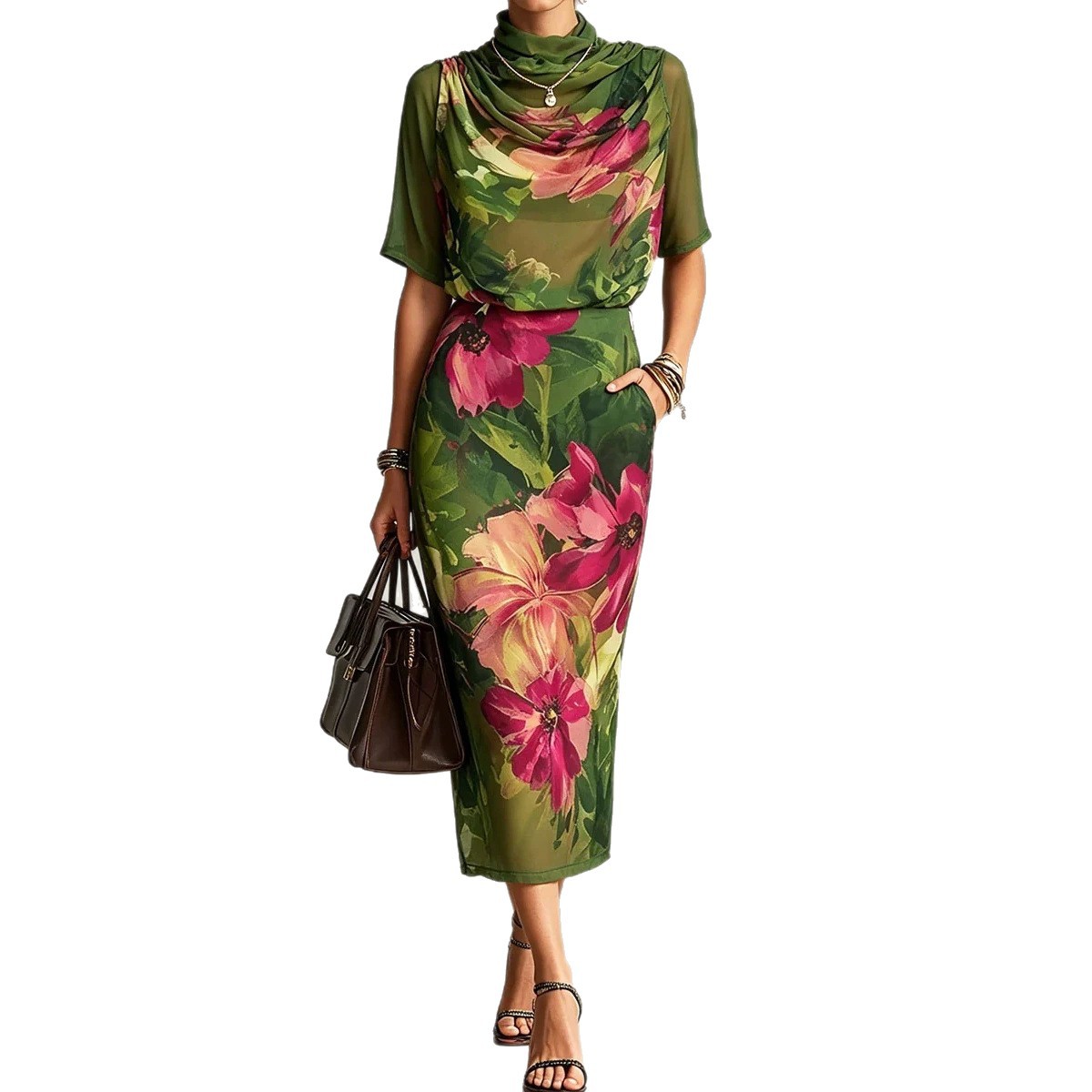 Floral Print Chiffon Top and Skirt Two-Piece Set