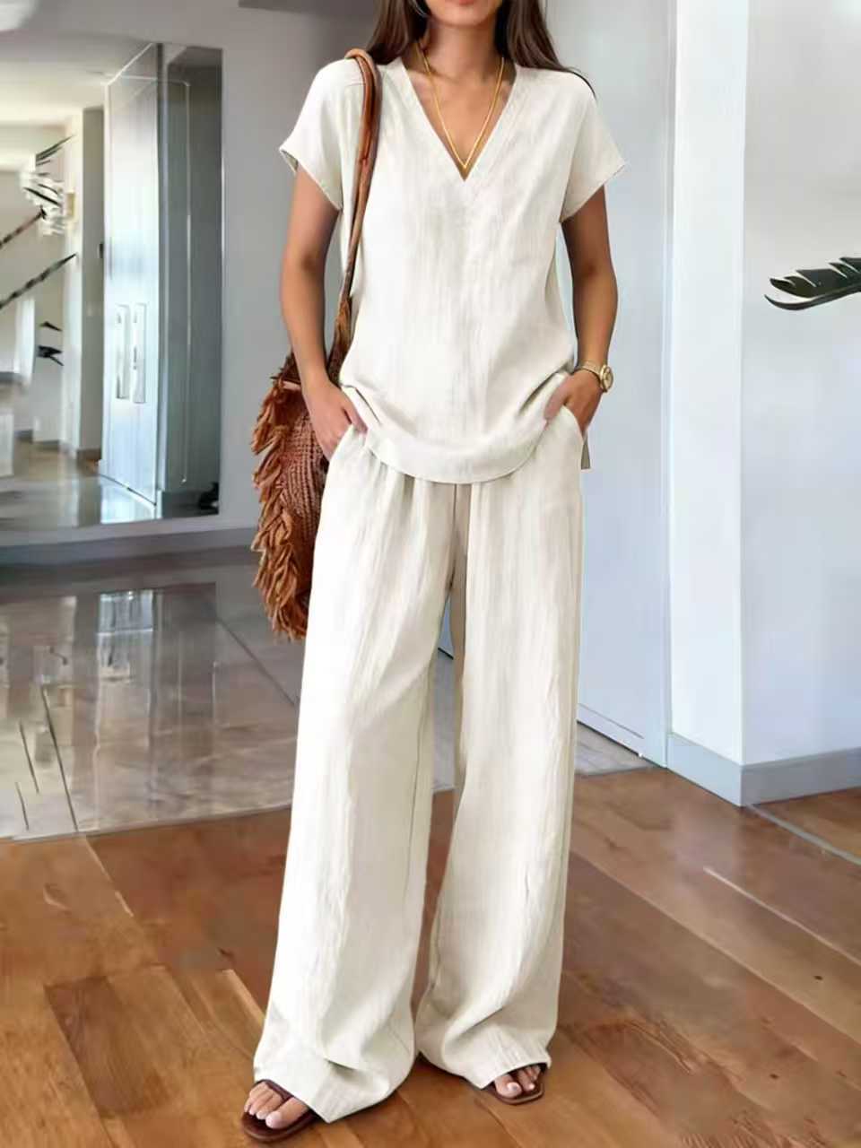 Women's V-Neck Short Sleeve Top & Wide Leg Pants Set