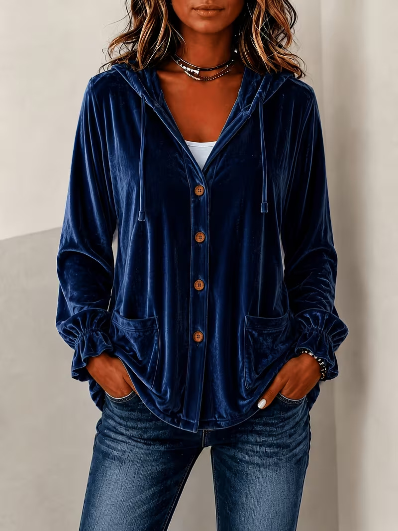 Annuo Self-Developed 2026 European and American Button Velvet Hooded Cardigan Jacket Fall Winter New Cross-Border Solid Color Casual Hooded