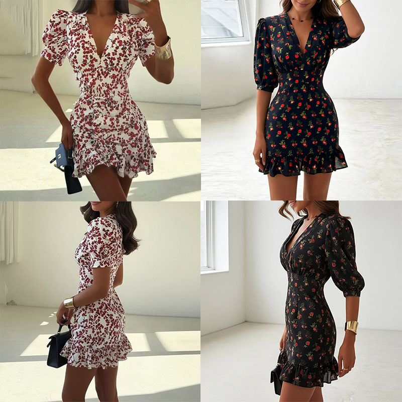 V-Neck Floral Ruffle Dress