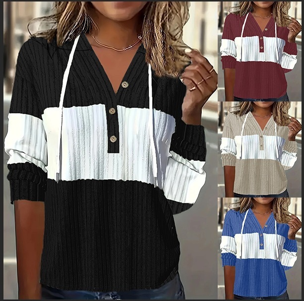 Color-Block Hooded Long-Sleeve Button Drawstring Striped Panel Loose Top