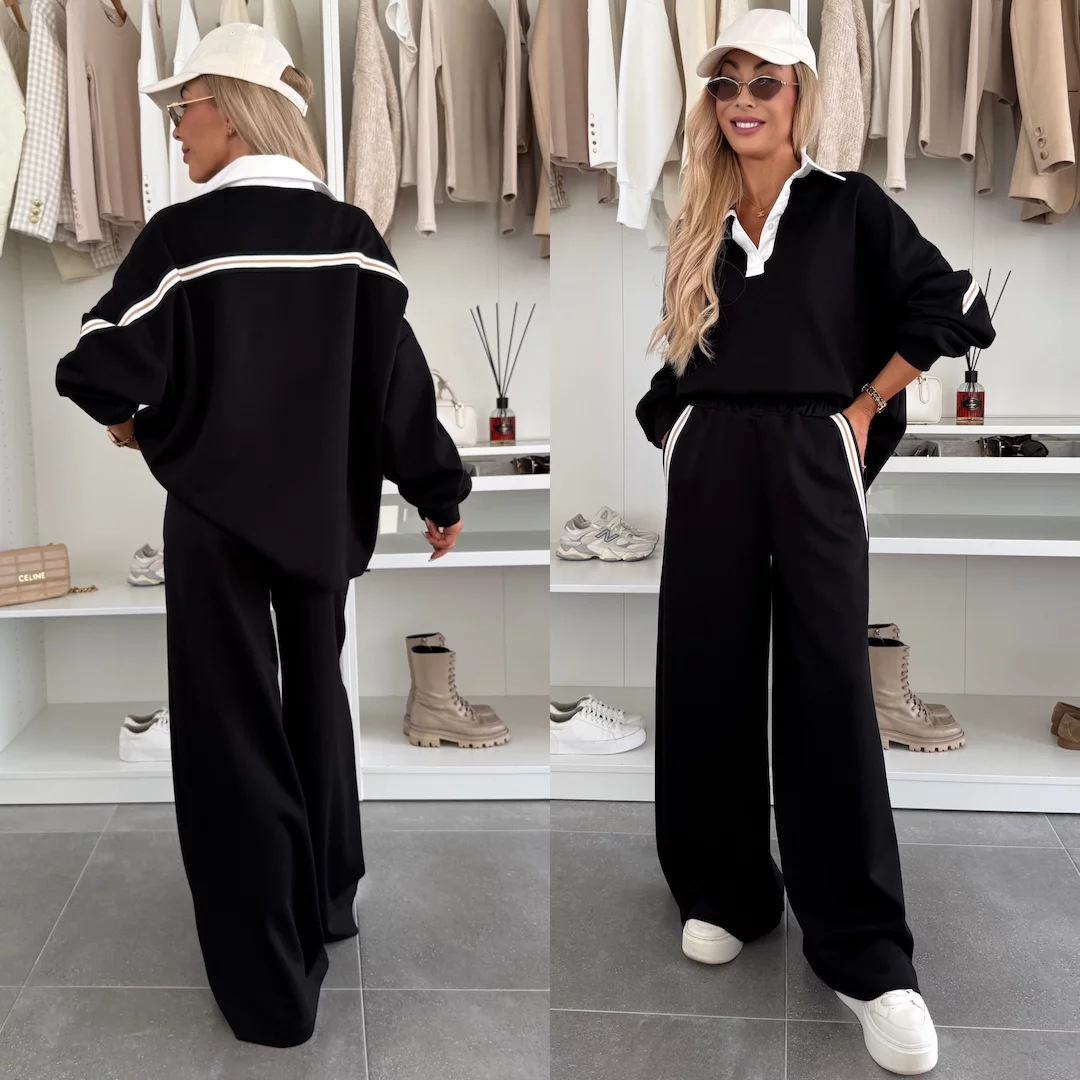 Women's Color-Block Striped Two-Piece Set with Lapel Top and Wide-Leg Pants