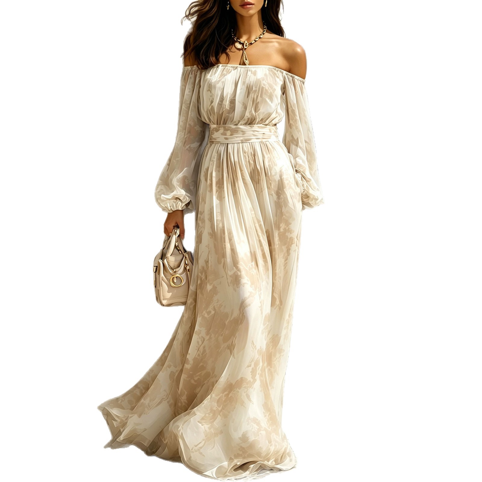 Women's Off-Shoulder Floral Print Maxi Dress with Puff Sleeves