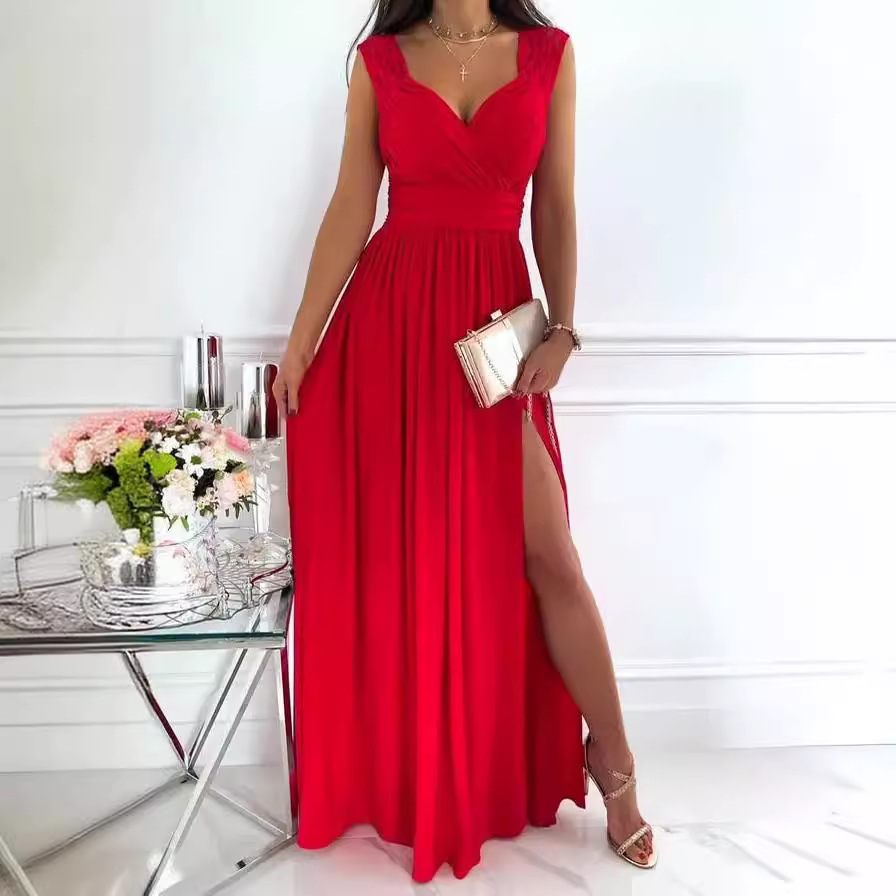 Sleeveless Lace Open-Back Slit Long Dress