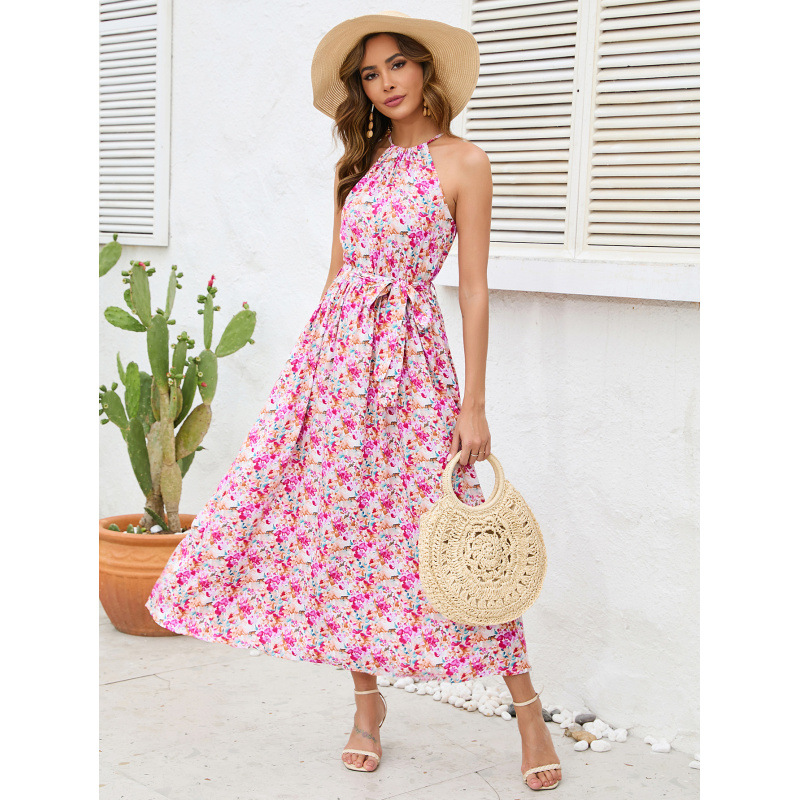 Off-Shoulder Halter Neck Printed Maxi Dress with Tie and Flared Skirt