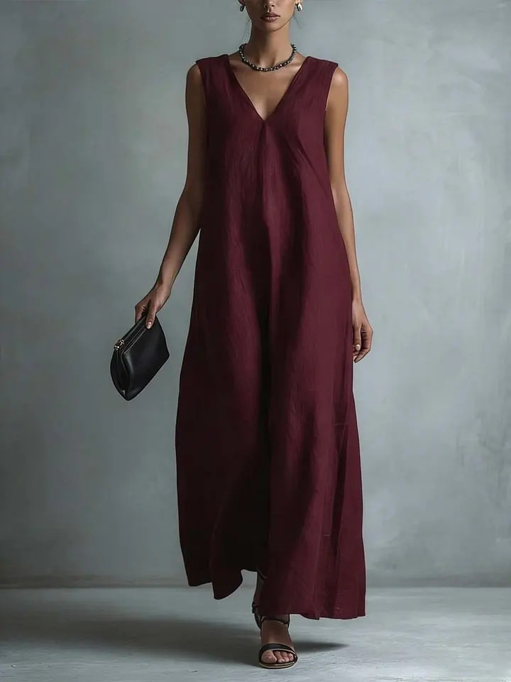 Women's V-Neck Sleeveless Cotton Linen Dress Casual A-Line Midi