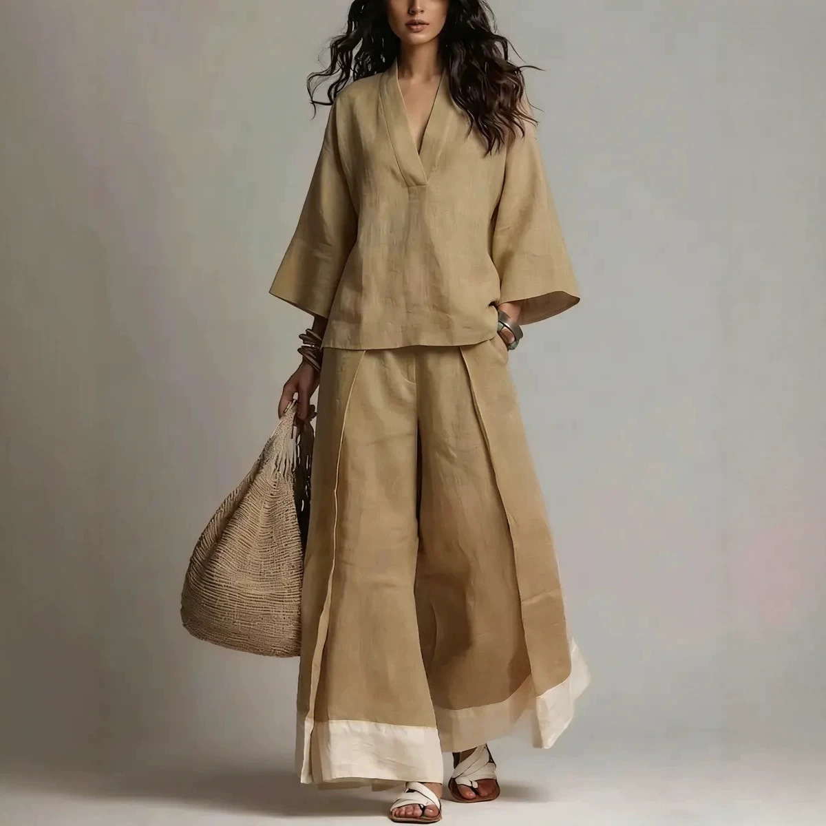 Women's Cotton-Linen French V-Neck 3/4 Sleeve Shirt & Colorblock Wide-Leg Pants Set