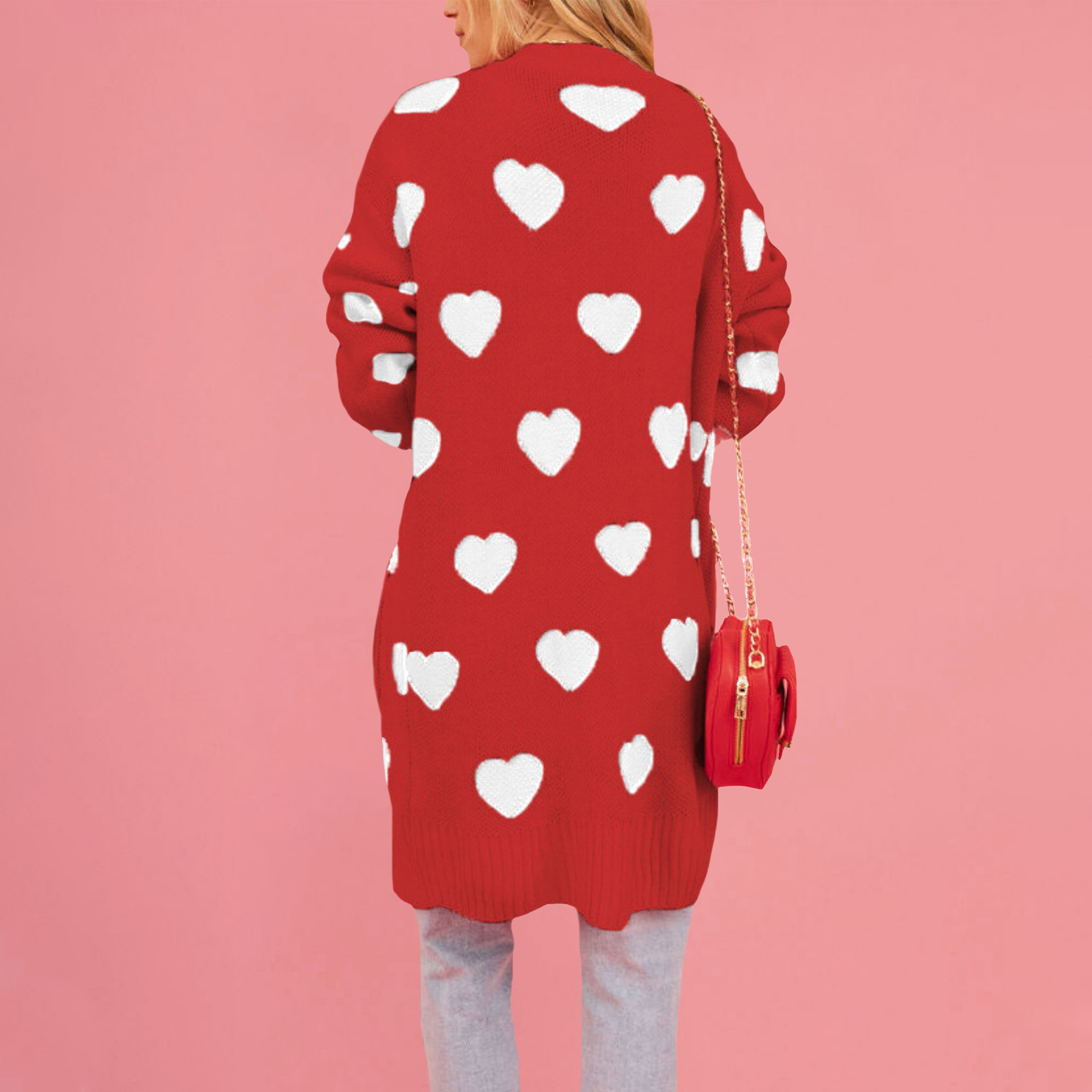 Heart Jacquard Knit Midi Cardigan Sweater Coat Women's Plus Size