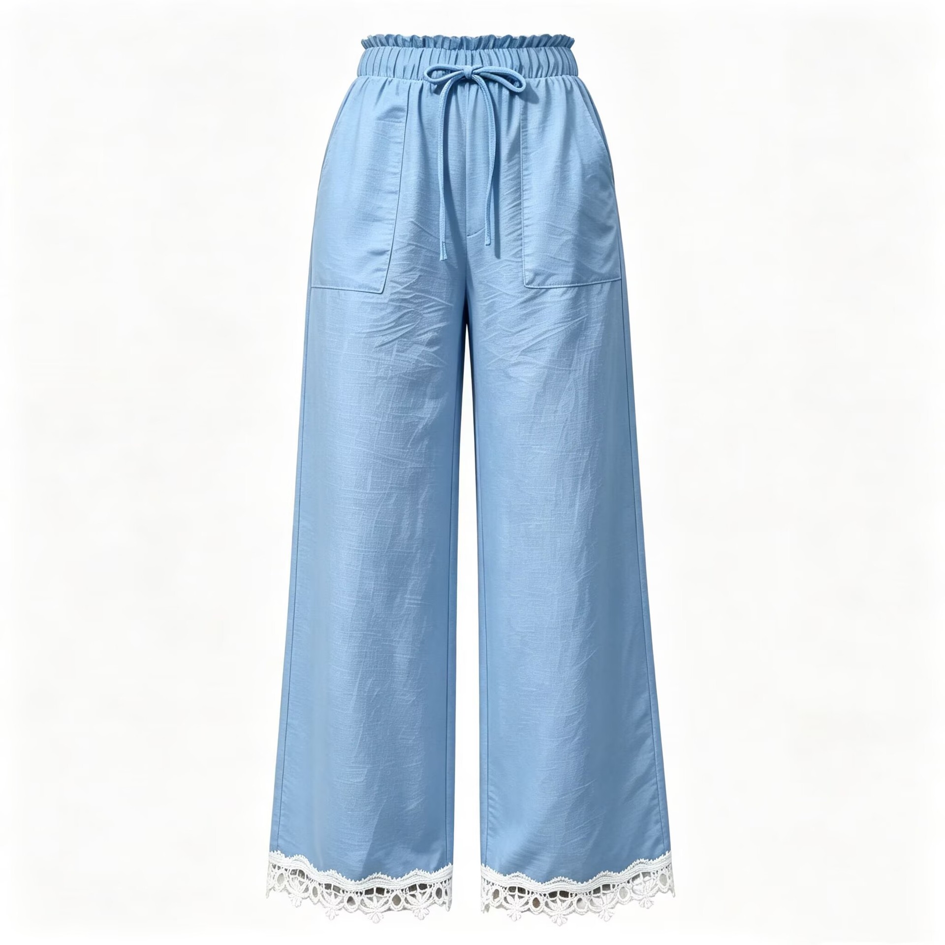 Women's Lace Trim Wide Leg Pants Casual Loose Straight Trousers