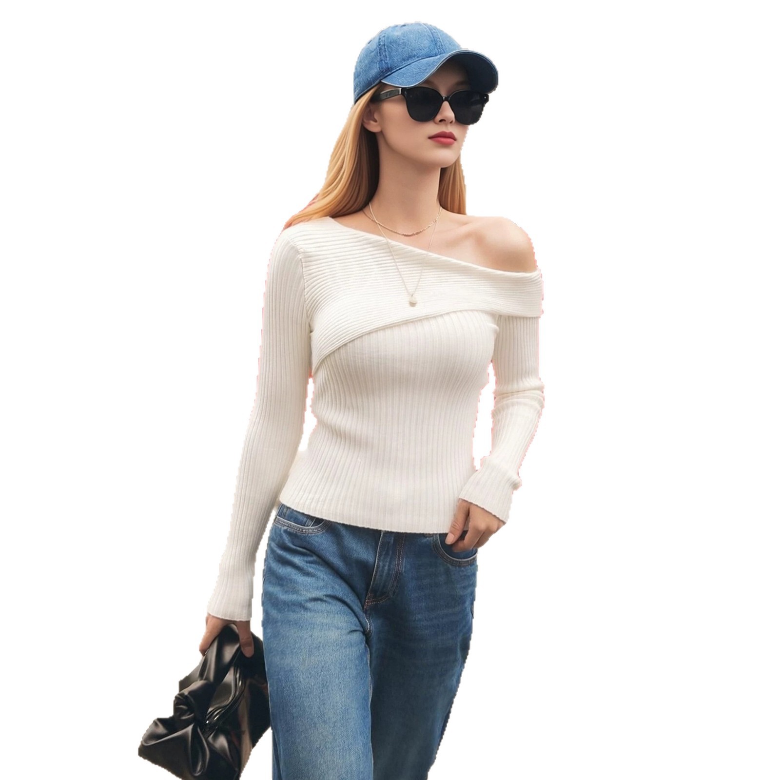 Off-Shoulder Ribbed Knit Top Slim Fit Long Sleeve