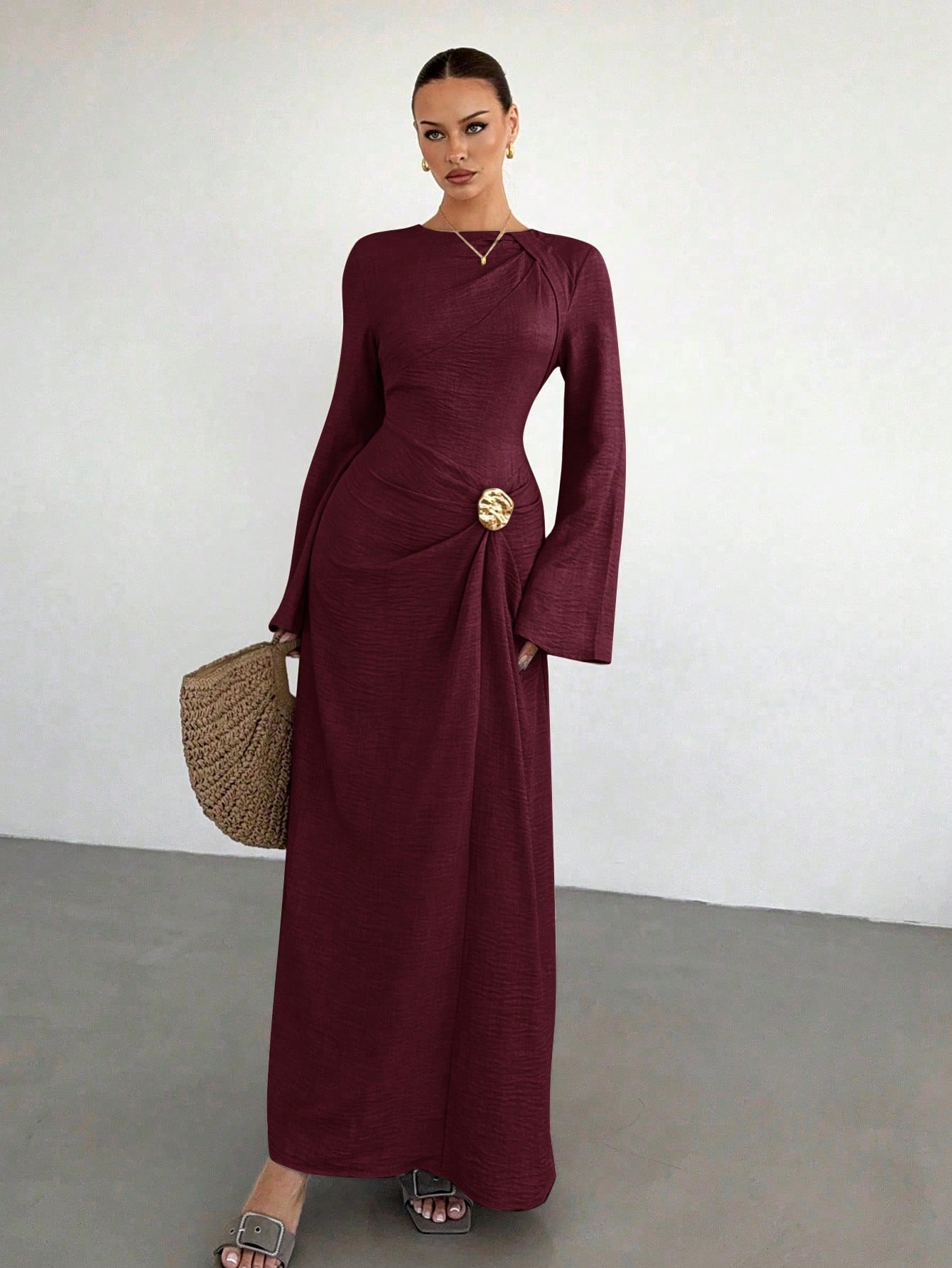 Light Luxury Crewneck Bell Sleeve Pleated Metallic Button Long Dress