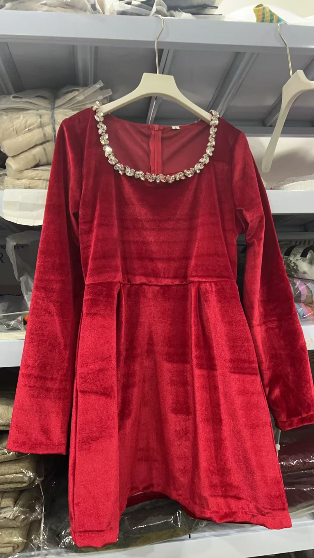 Square Neck Long Sleeve Beaded Velvet Dress