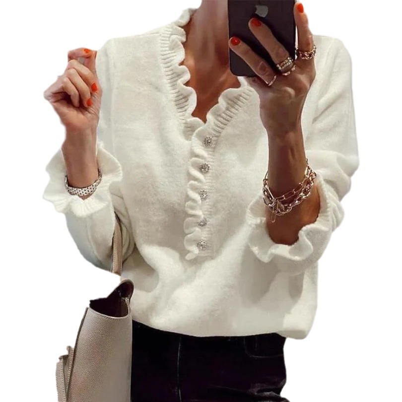 Women's Long Sleeve Ruffle Knit Top V-Neck Beaded