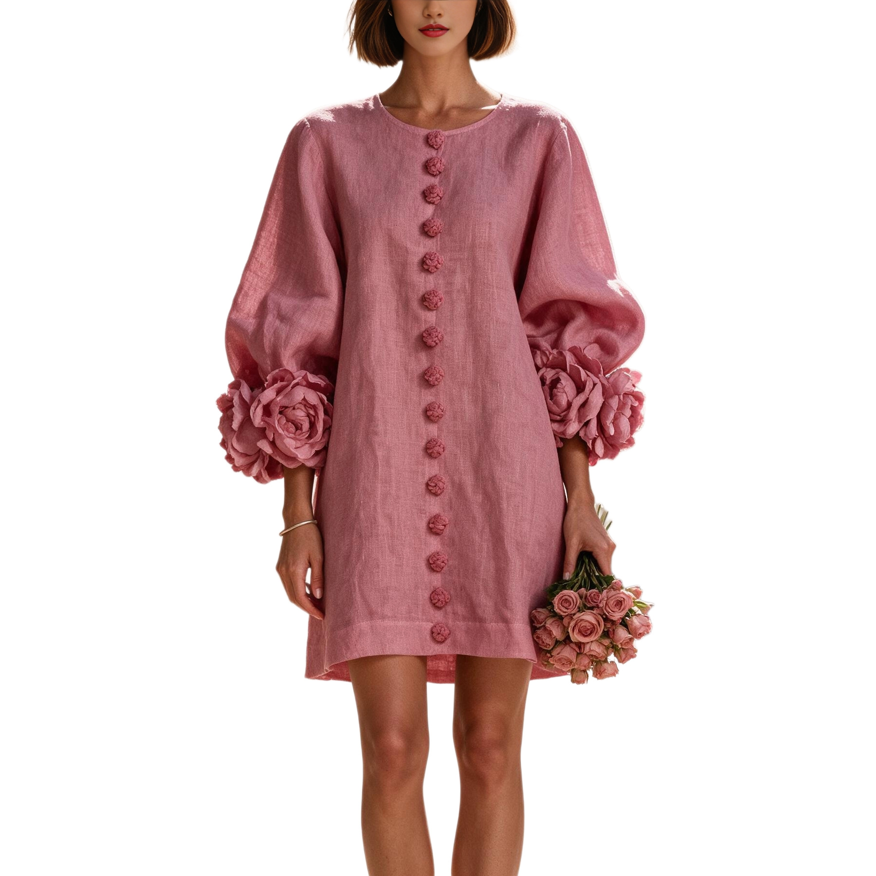 French 3D Floral Lantern Sleeve Dress
