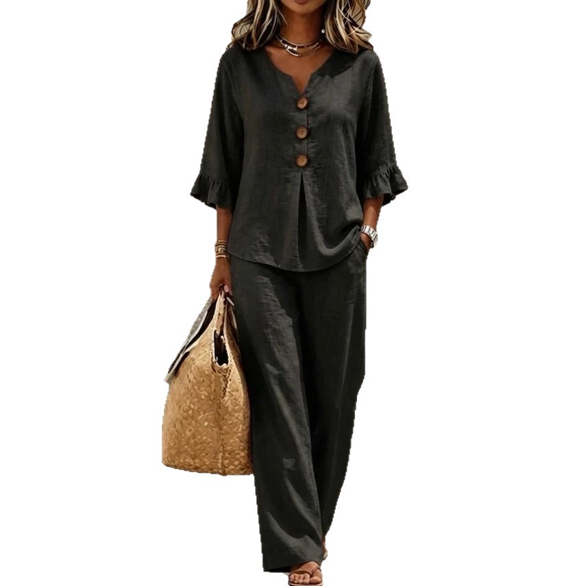 Women's V-Neck Ruffle Button 3/4 Sleeve Top and Pants Set