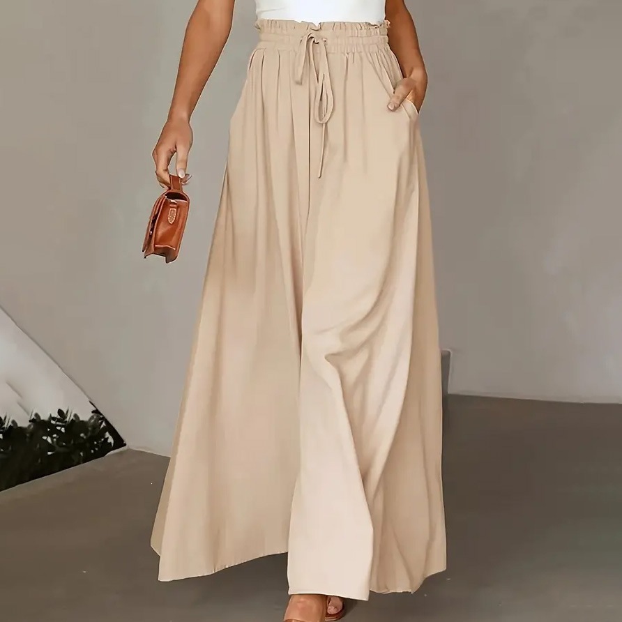 Women's Wide-Leg Pants with Cinched Waist and Flowing Hem