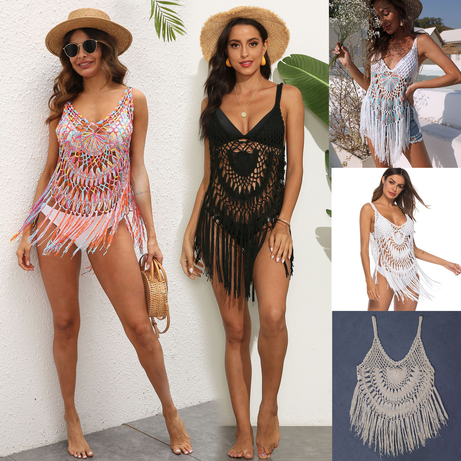 Sexy Sheer Hand-Crochet Fringe Spliced Beach Bikini Cover-Up Cami Dress