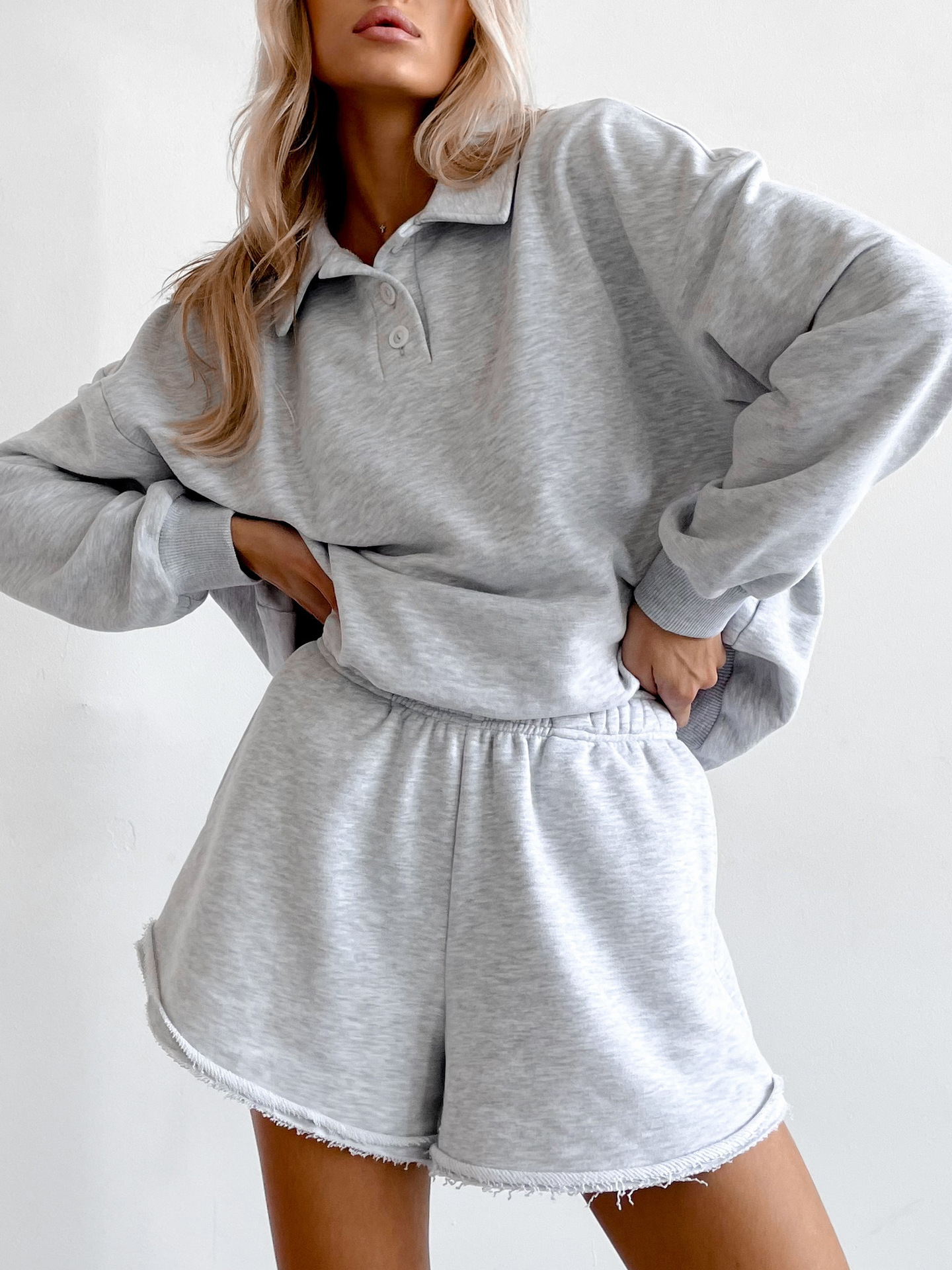 Women's Solid Color Long Sleeve Collared Loose Sweatshirt and Elastic Waist Shorts Two-Piece Set