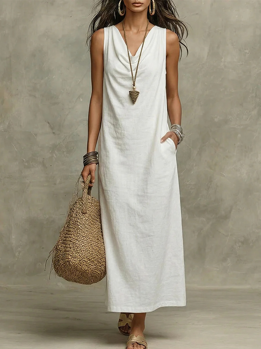 Women's Summer Cowl Neck Loose Pocket Casual Dress