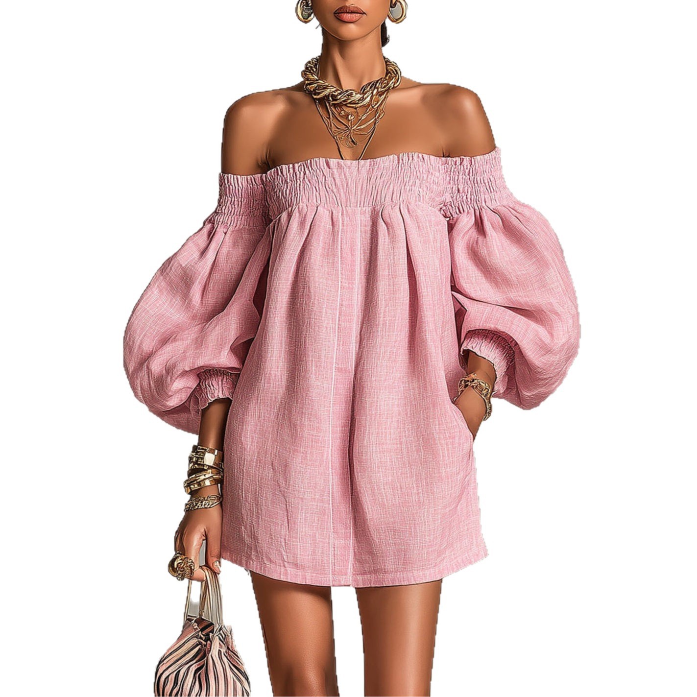 Off-Shoulder Lantern Sleeve A-Line Short Dress