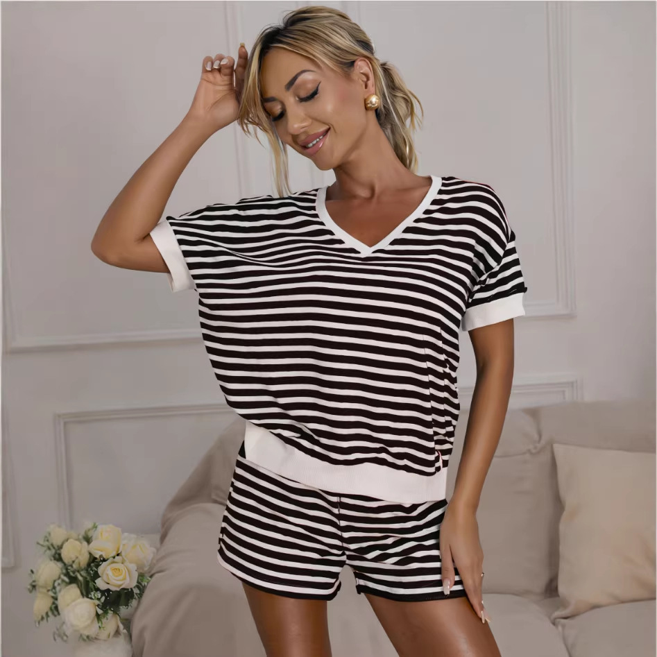 Women's Striped Short Sleeve V-Neck Loose Top and Shorts Two-Piece Set