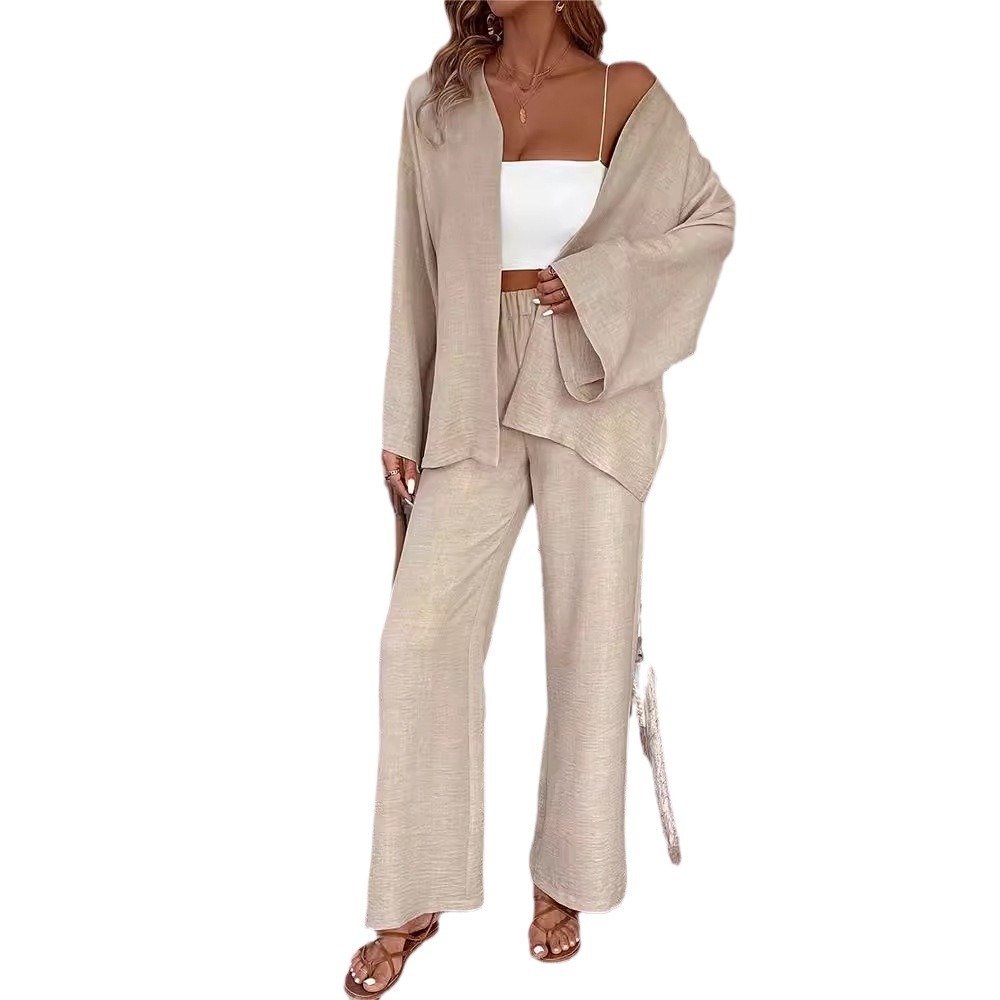 Women's Cotton-Linen Cardigan & Wide-Leg Pants Two-Piece Set
