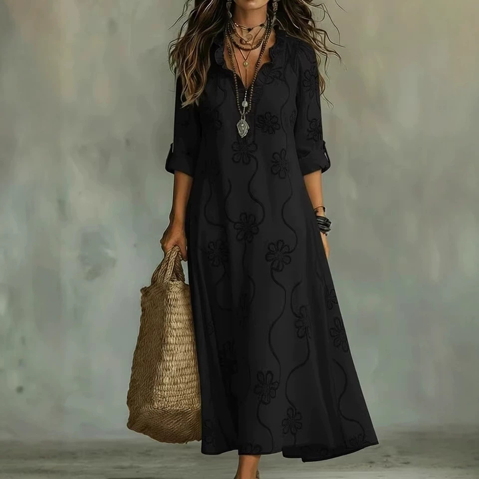 Bohemian Floral Print V-Neck Lace Trim Midi Dress