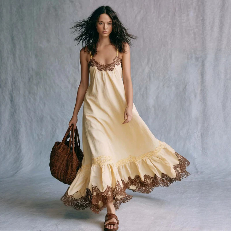 Bohemian Lace Trim Cami Long Dress Cream Yellow