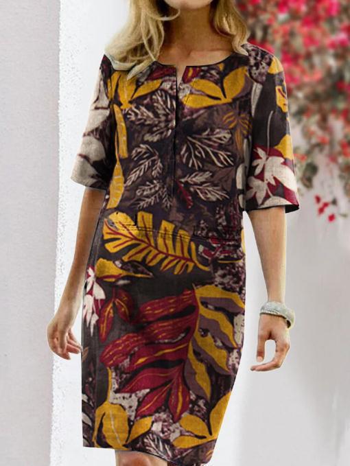 Floral Print Slit Round Neck Short Sleeve Vintage Dress