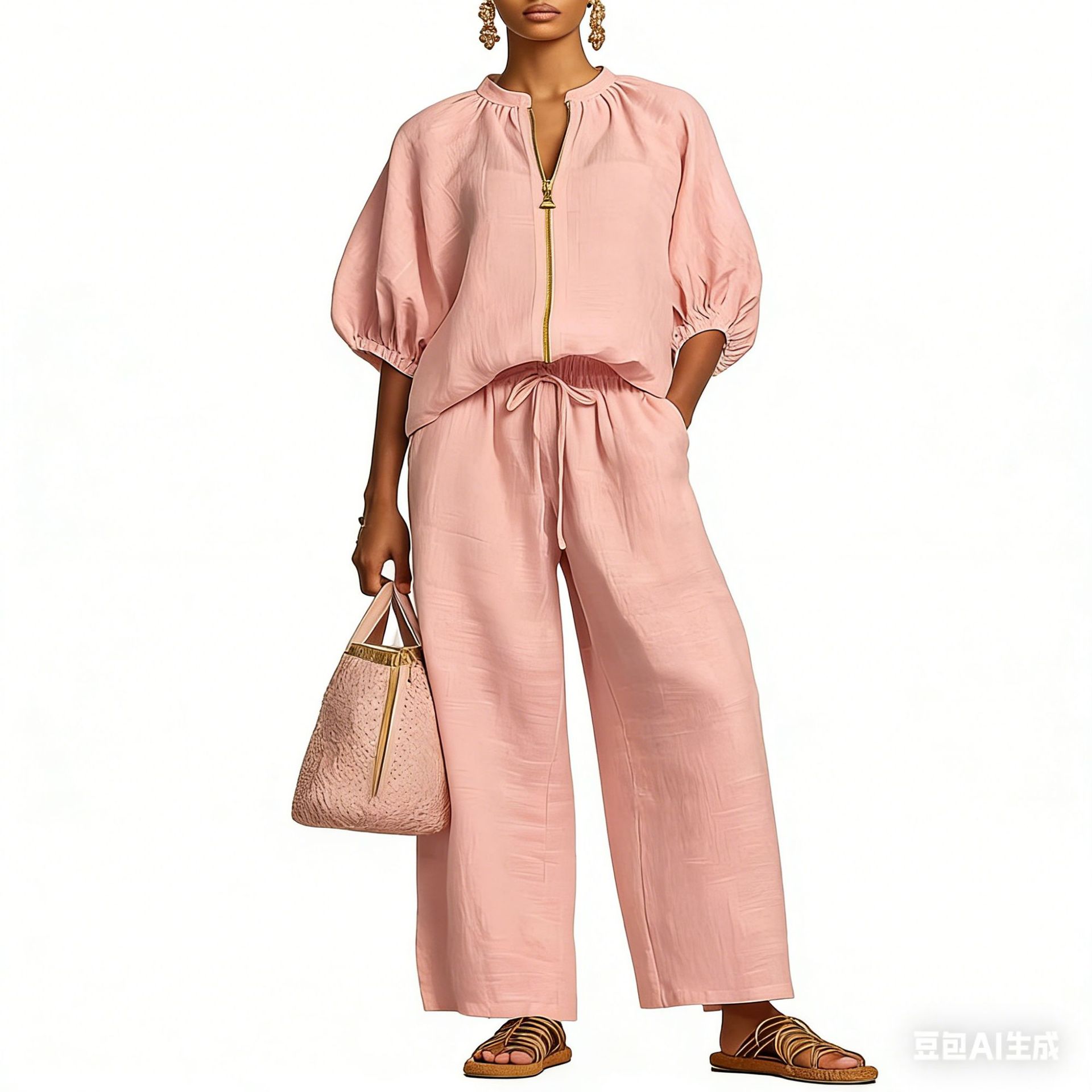 Women's Zip Shirt & Wide-Leg Pants Two-Piece Set
