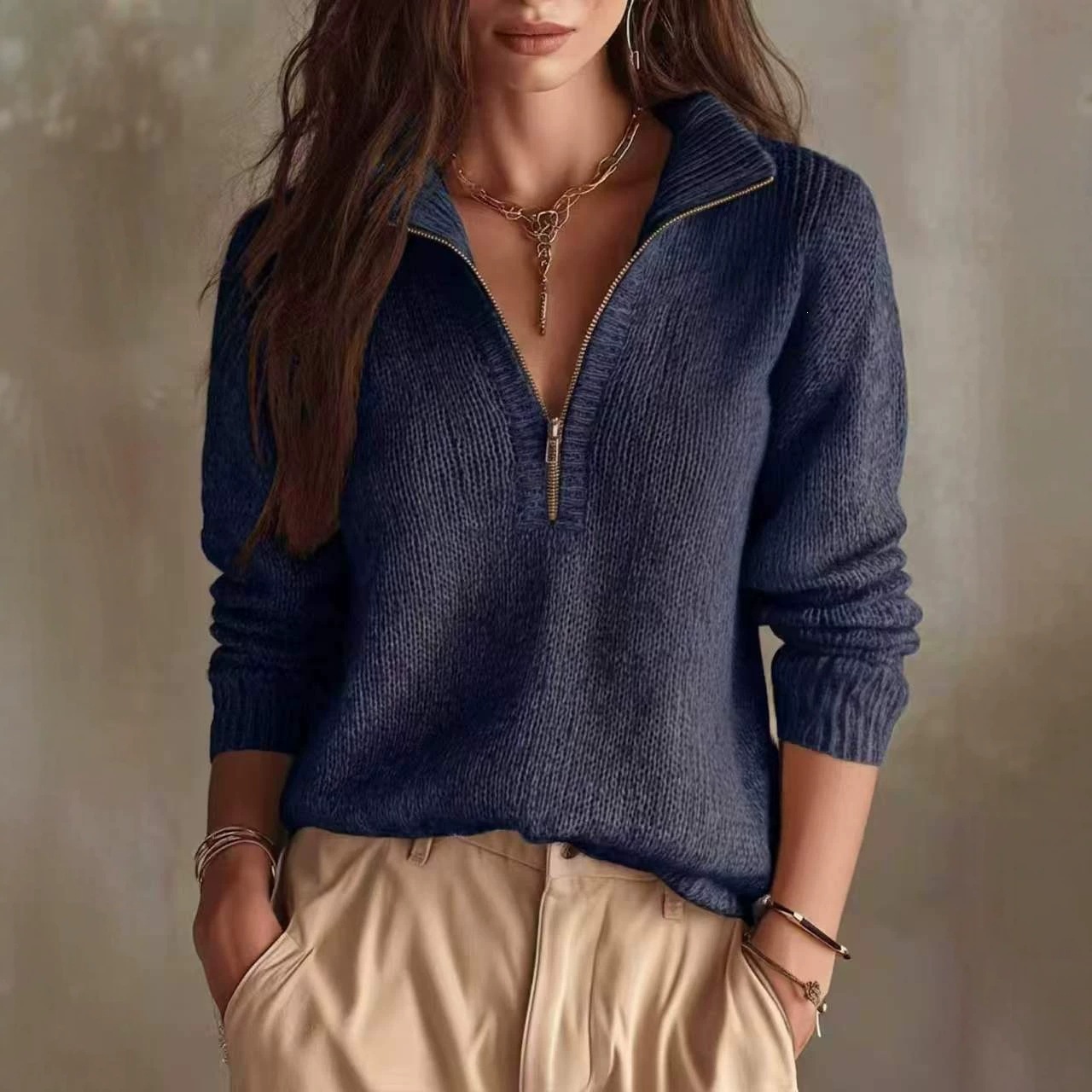 Slim-Fit Half-Zip Knit Pullover Solid Color Casual Top