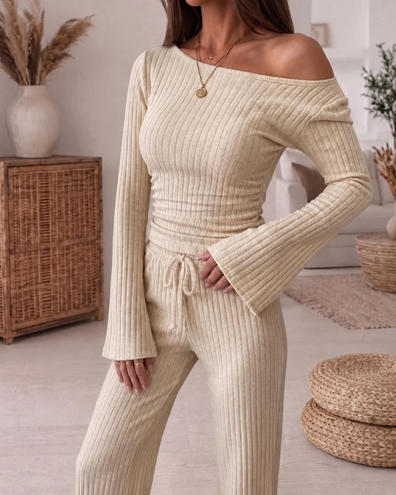 Women's Ribbed Knit Lounge Set Off-Shoulder Flared Sleeve Ruched Top & Wide-Leg Pants