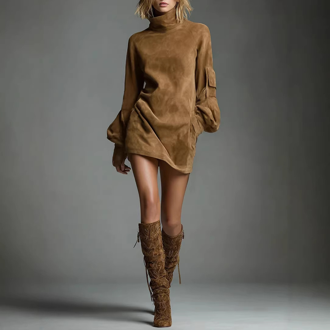 Faux Suede High Neck Long Sleeve Mini Dress