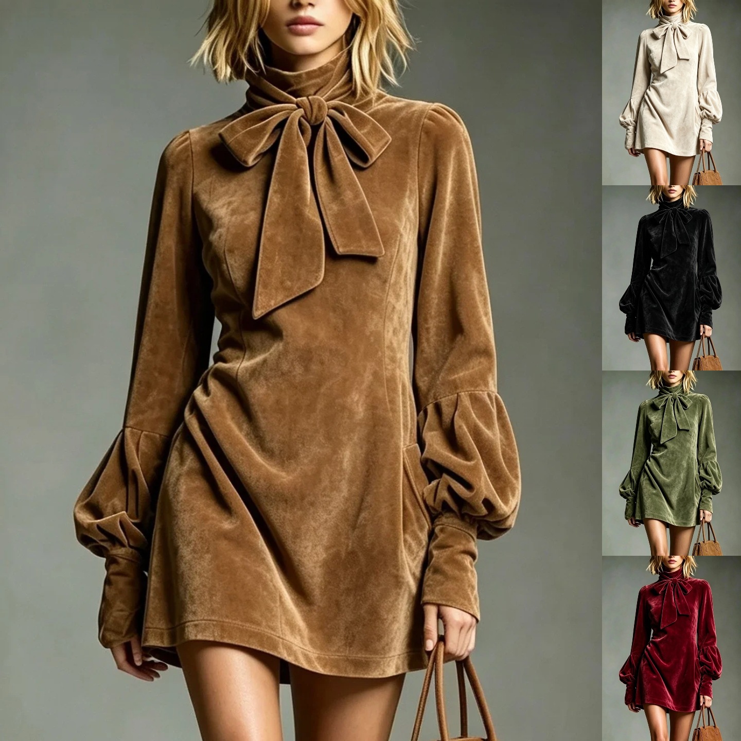 Women's High Neck Bow Lantern Sleeve Vintage Dress