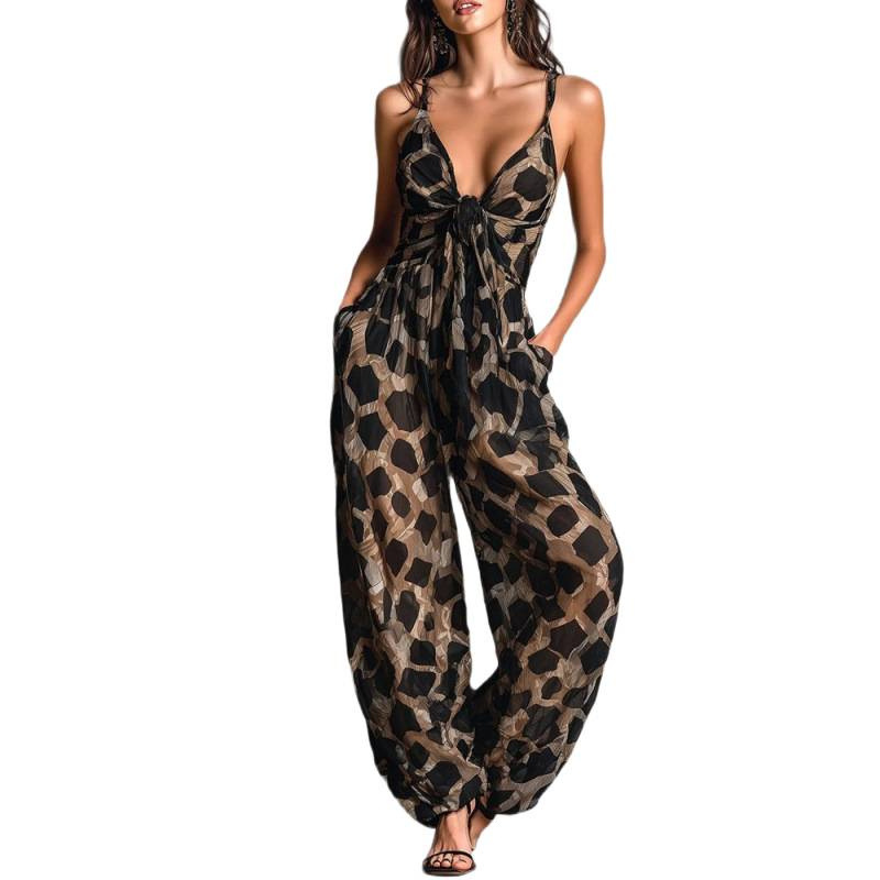 Leopard Print Twist Strap Deep V Wide Leg Jumpsuit