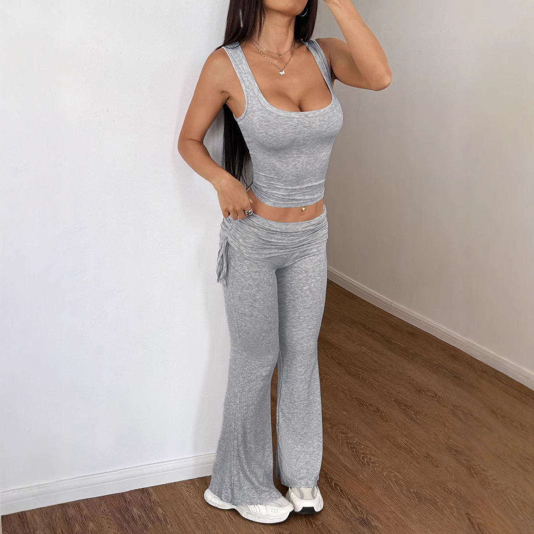 Y2K Solid Color Lace-Up Two-Piece Flared Pants Set Slim Commuter