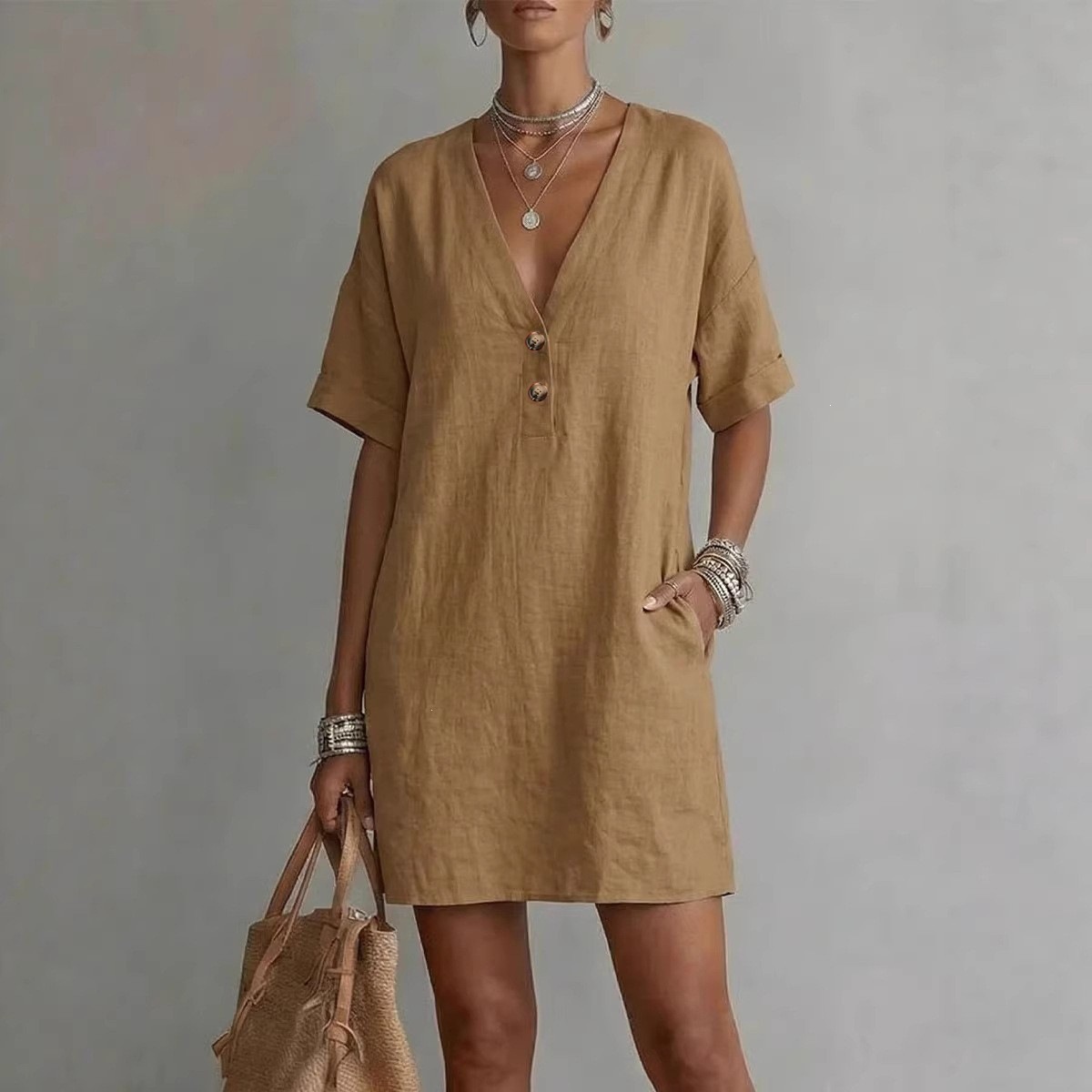 Boho Cotton-Linen Deep V Half-Button Short Sleeve Midi Dress