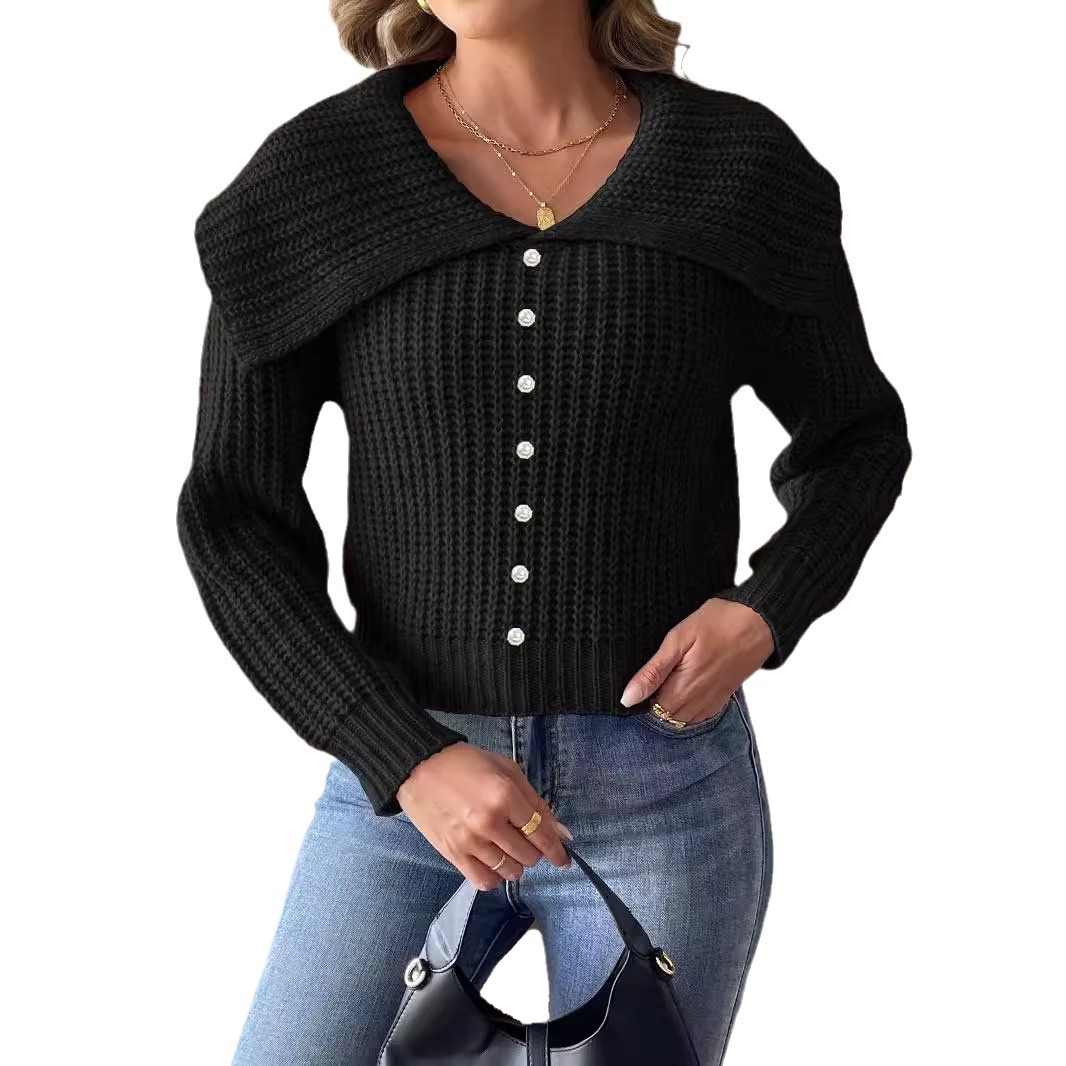 Women's Pearl Beaded Sweater with Large Lapel Collar