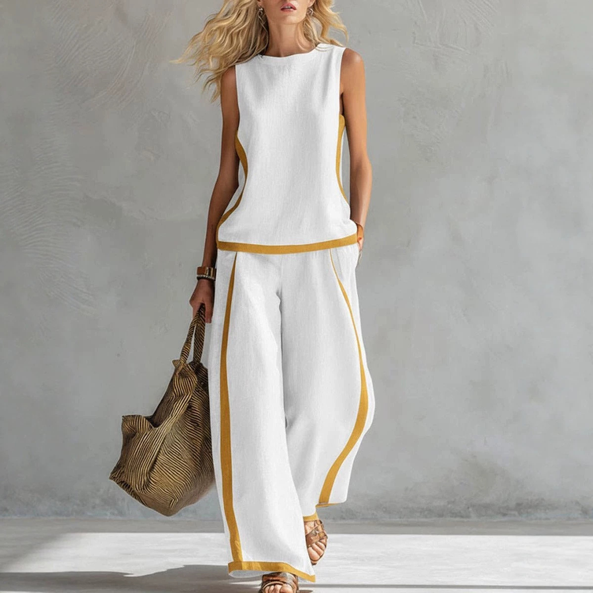 Sleeveless Colorblock Wide-Leg Pants Set Summer Casual Two-Piece