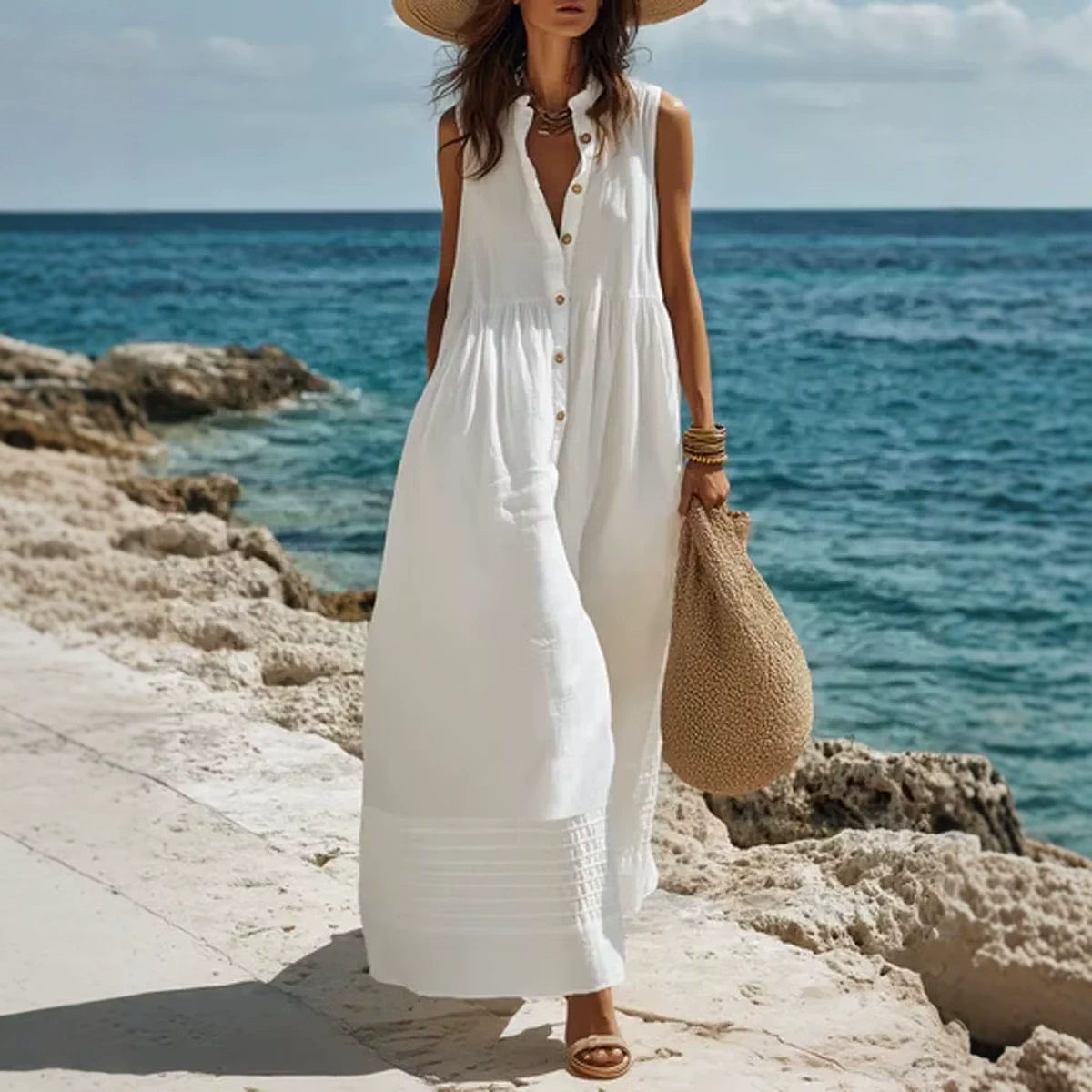Women's V-Neck Sleeveless A-Line Maxi Dress Cotton Linen Vacation Casual