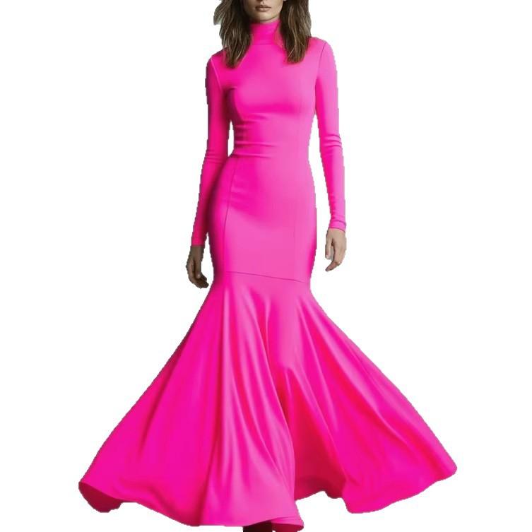 Elegant Mermaid Maxi Dress High Neck Long Sleeve Solid Color
