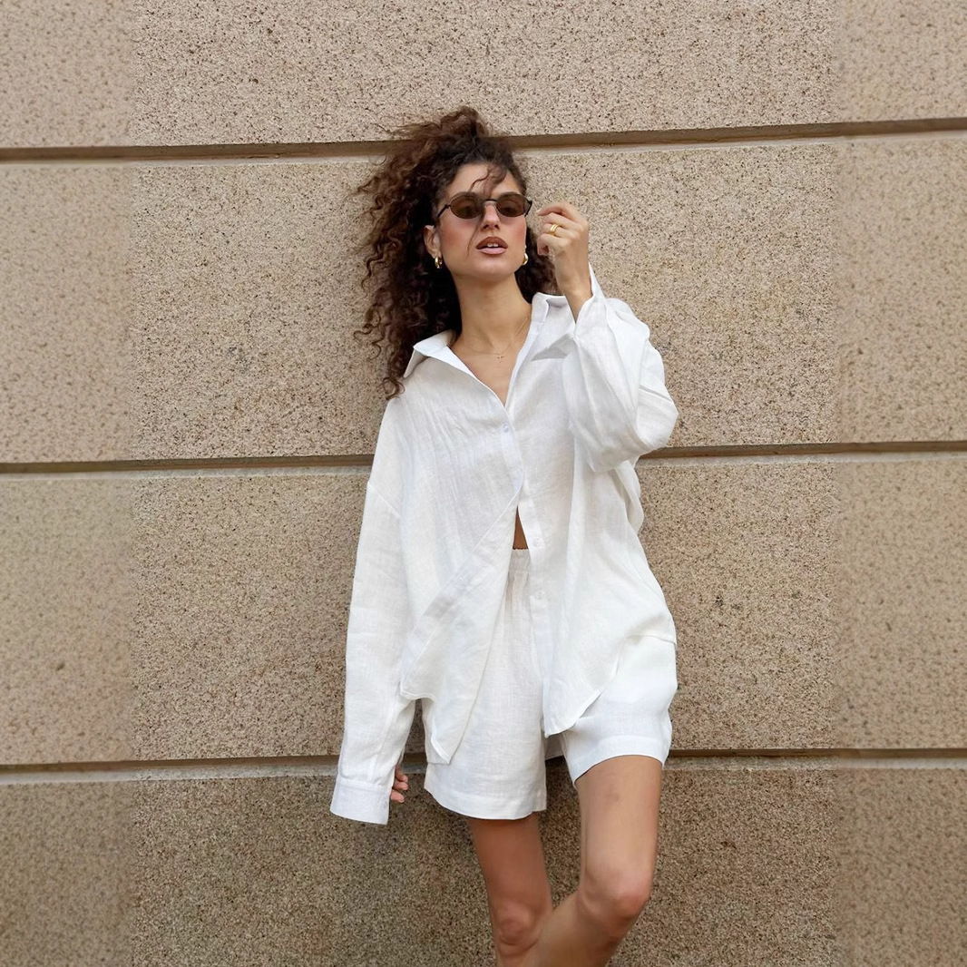 Long Sleeve Button Cardigan and Shorts Set Solid Color Casual