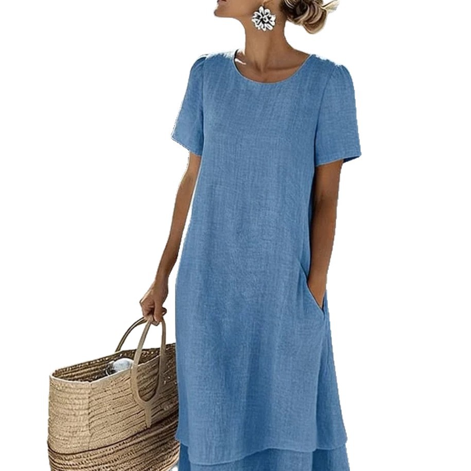 Women's Double-Layer Crew Neck Short Sleeve Midi Dress