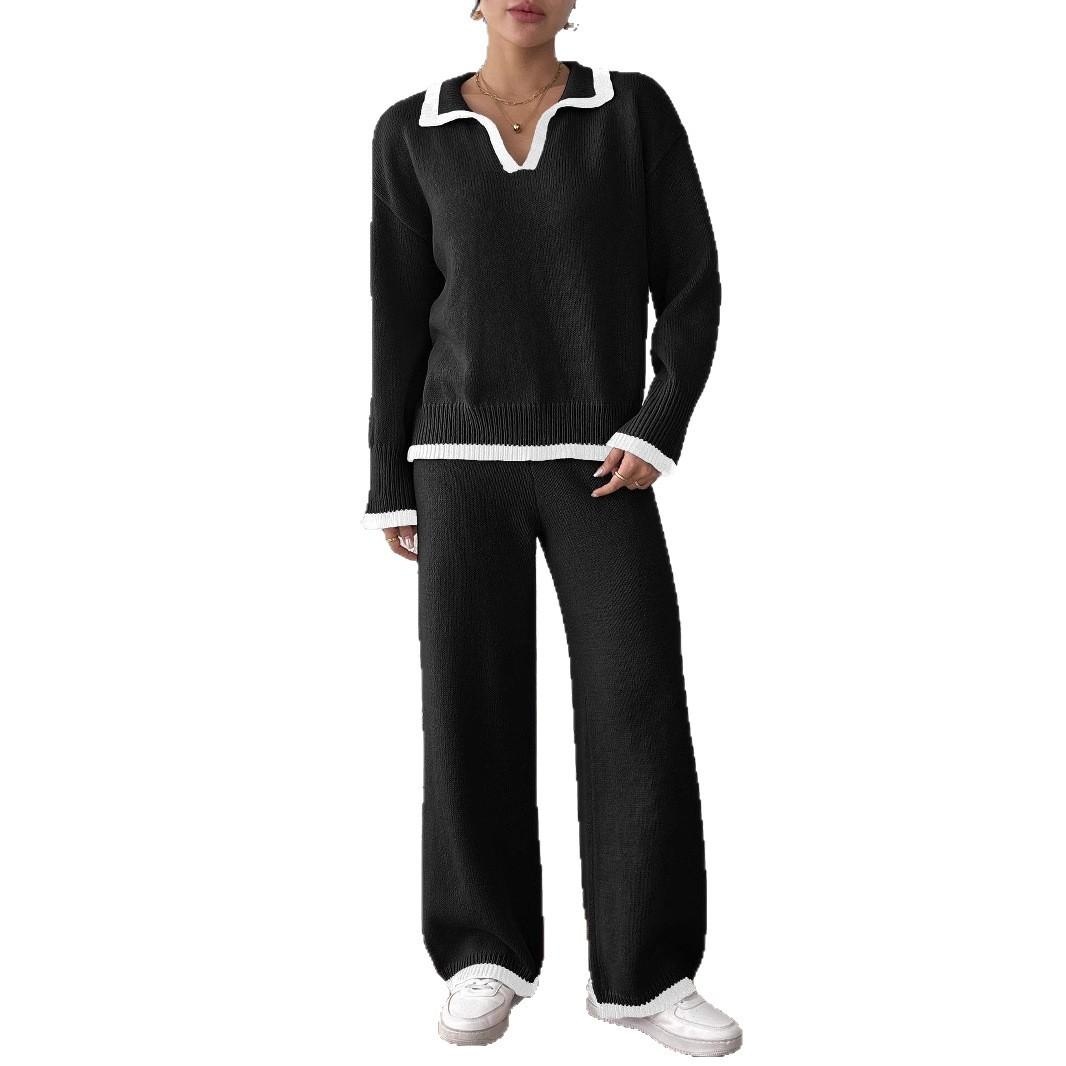 Women's Color-Block Polo Neck Sweater and Wide-Leg Pants Two-Piece Set