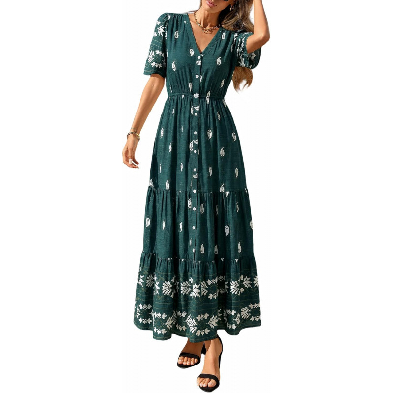 Bohemian V-Neck Short Sleeve Midi Dress Floral Print