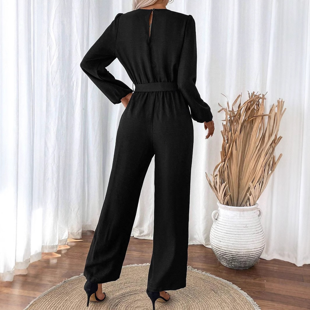 Women's Long Sleeve Belted Jumpsuit with Zip Round Neck and Straight Leg Pants