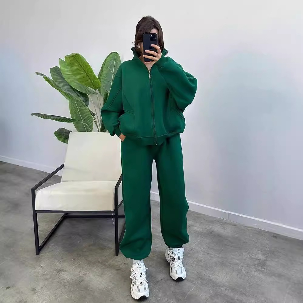 Women's Fleece-Lined Long-Sleeve Sweatsuit Set Solid Color Zip-Up