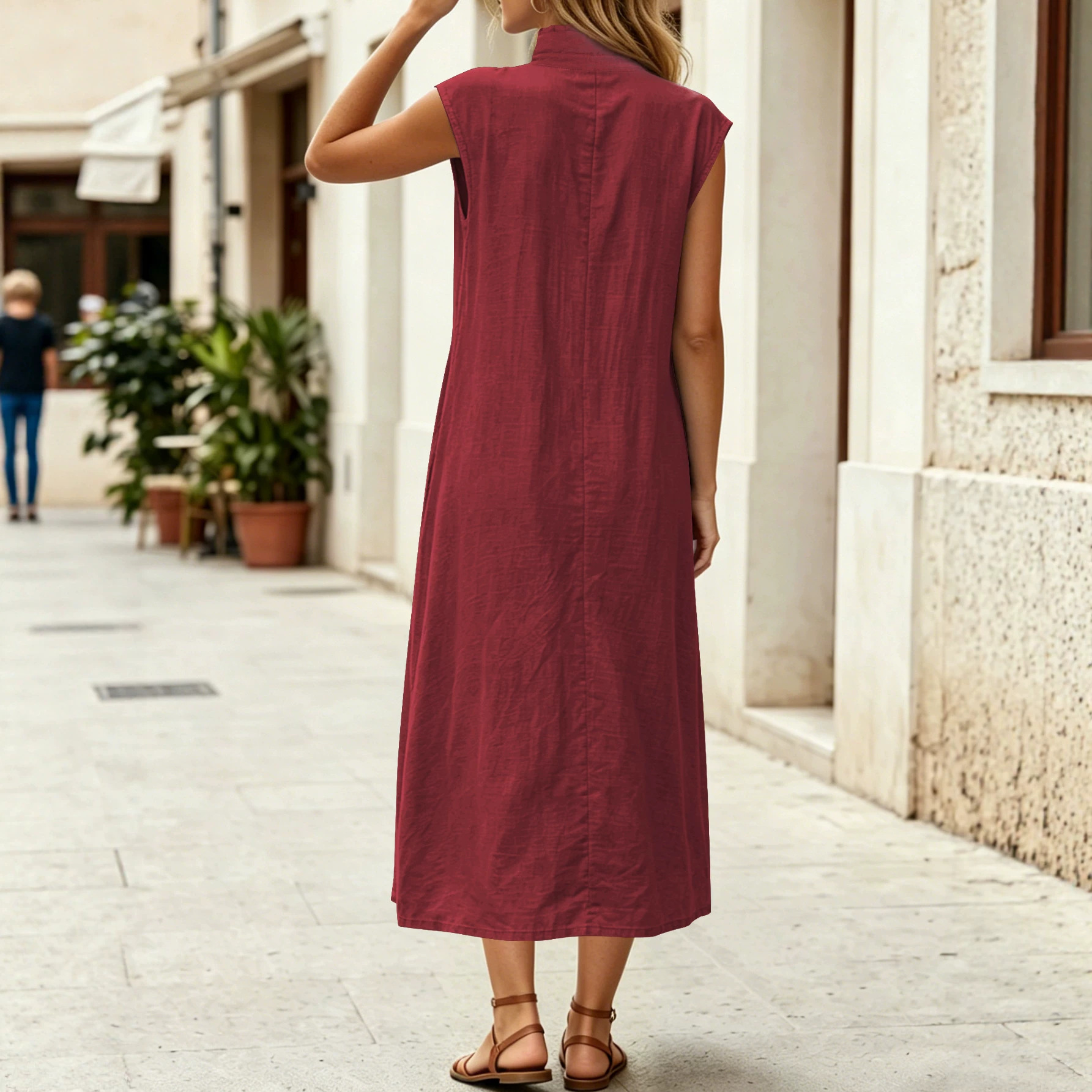 Women's Sleeveless High Slit Midi Dress with Stand Collar