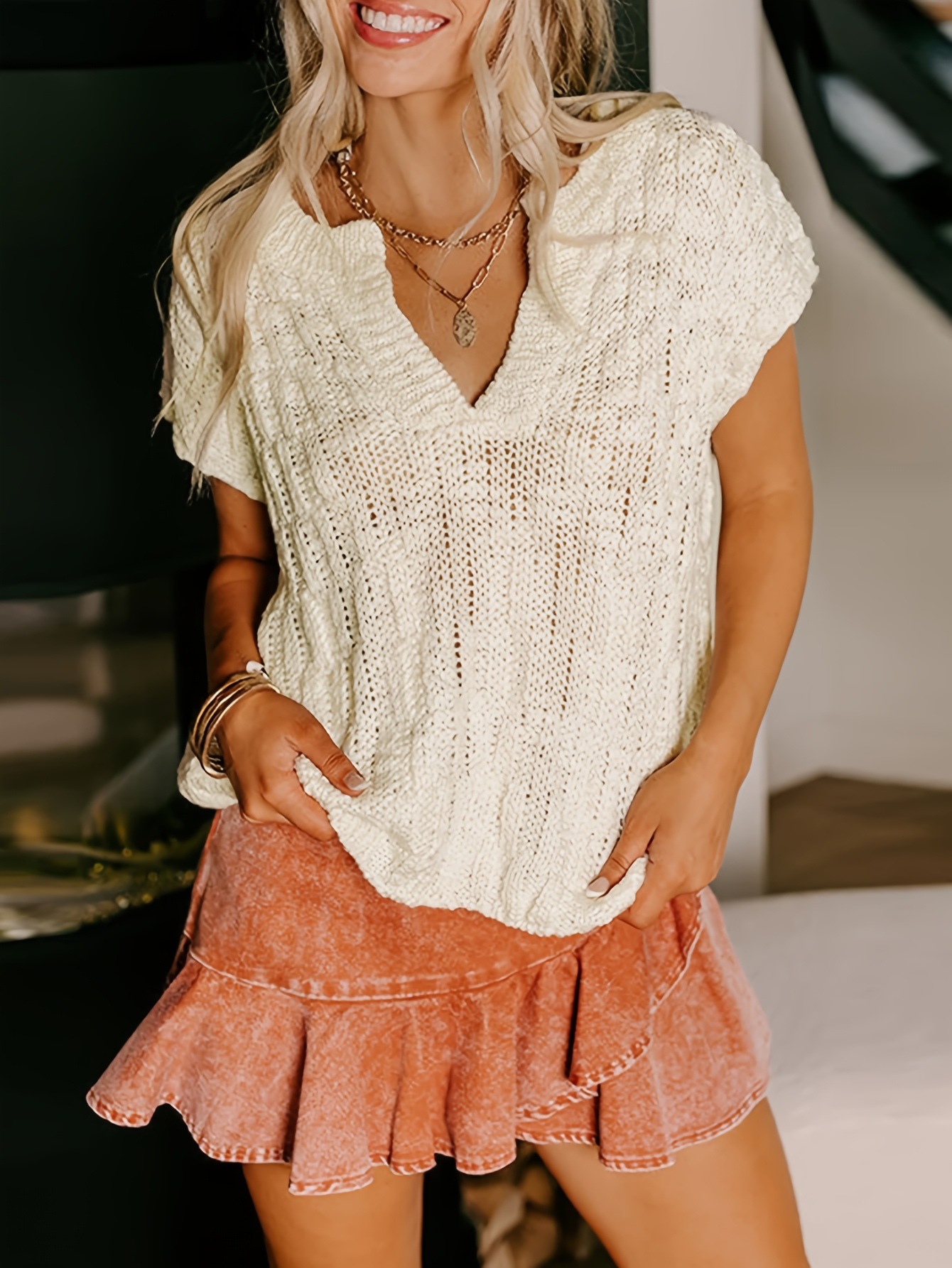 Women's Solid Knit V-Neck Loose Short Sleeve Top